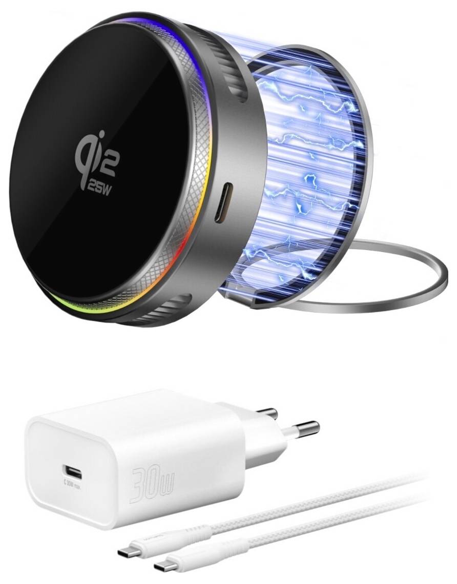 Image promotionnelle d'un chargeur mural Qie 65W USB-C avec bobine de charge/câble rond détachable et un chargeur blanc 30W avec câble USB-C.