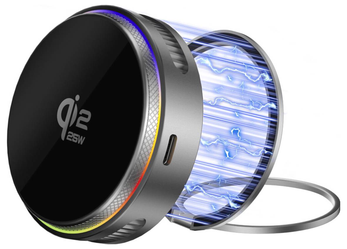Chargeur sans fil Qi2 25W compact avec ailettes de refroidissement bleu luminescent et câble support métallique.