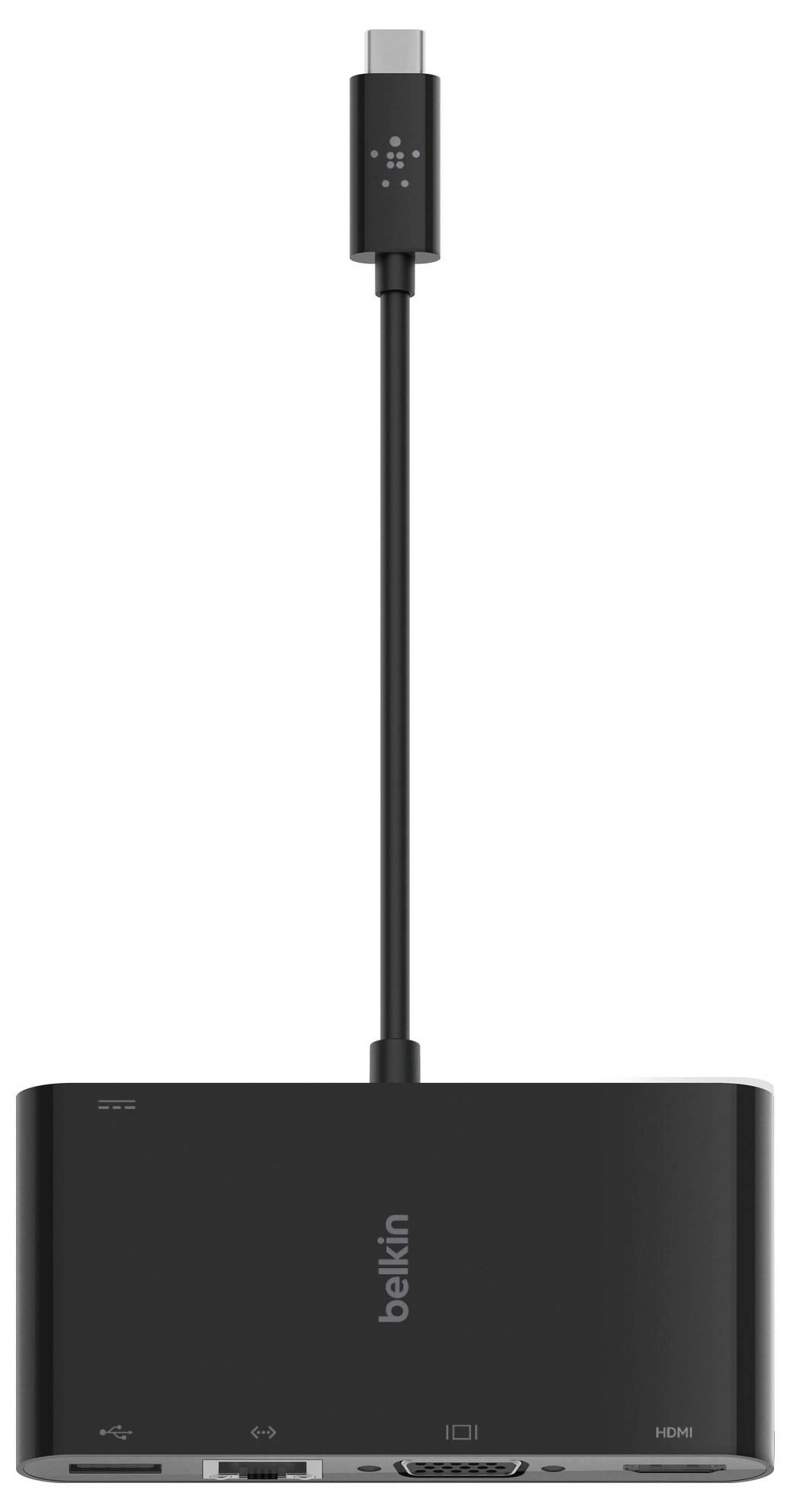Adaptateur concentrateur Belkin multiport USB-C avec un long câble et plusieurs ports, présenté en vue de face sur fond blanc.