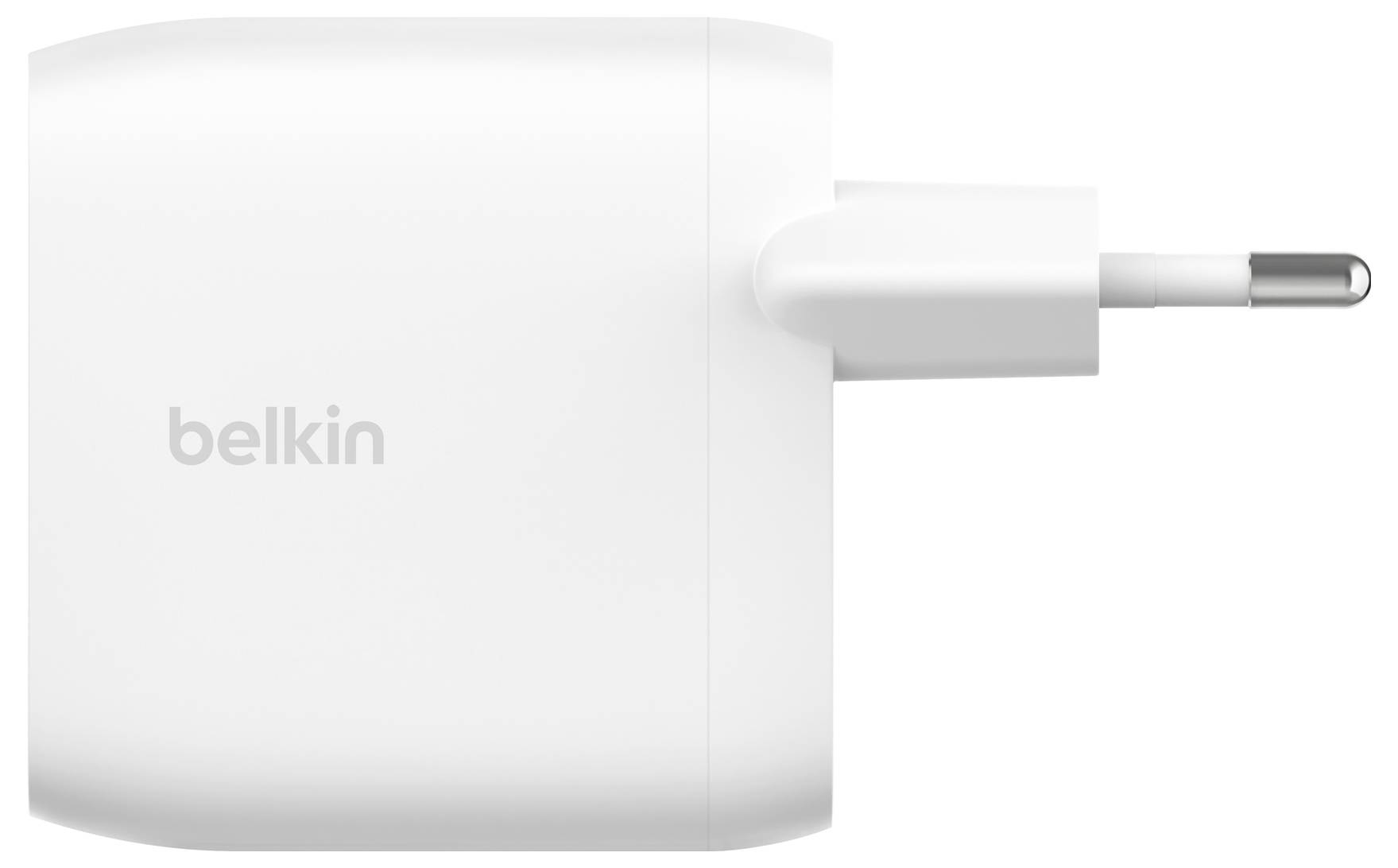Chargeur mural Belkin blanc avec une seule broche de prise sur la droite.