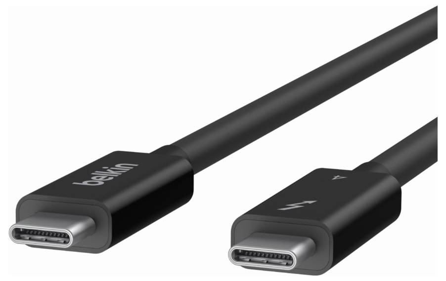 Deux connecteurs USB-C noirs sur des câbles attachés, affichés en gros plan sur un fond blanc.