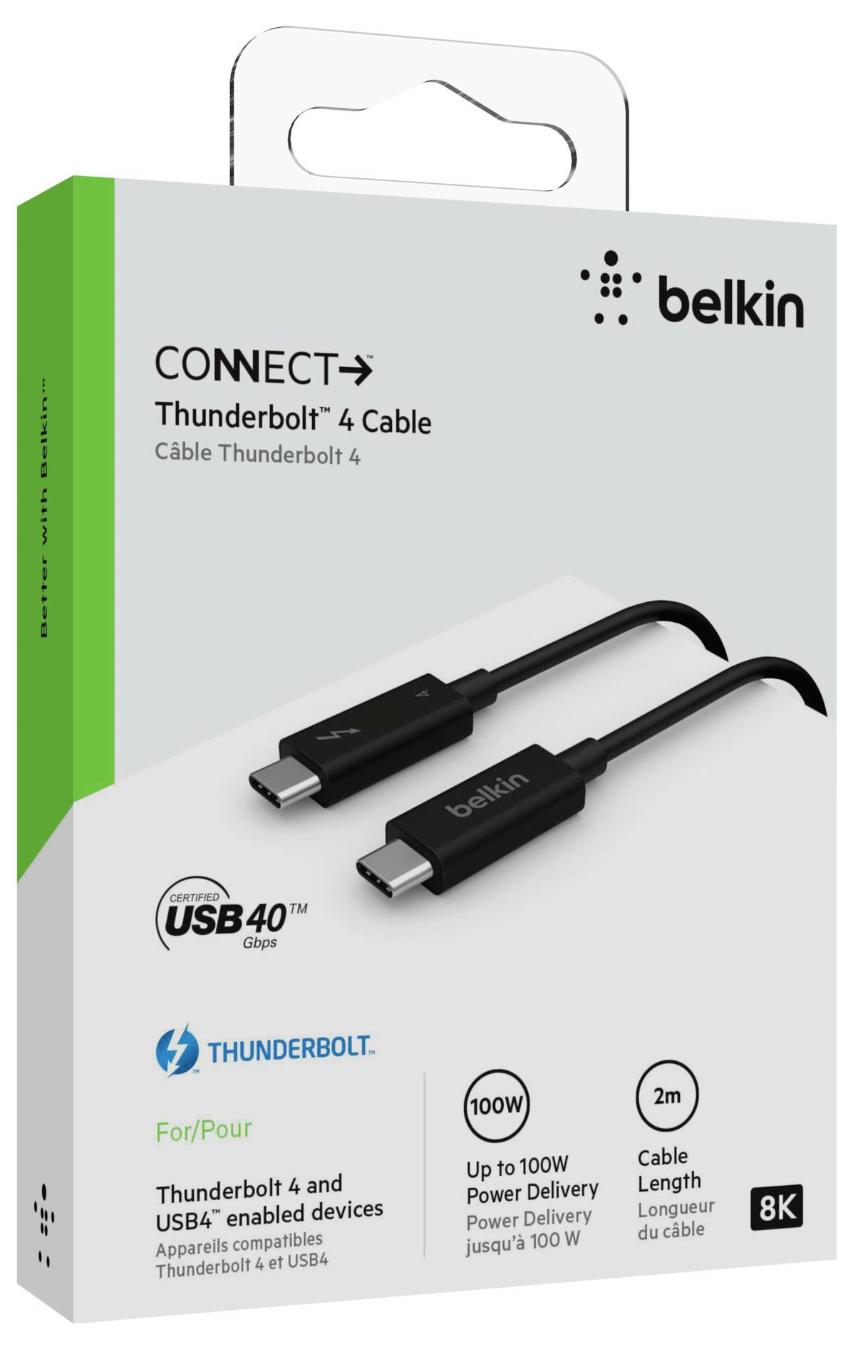 Emballage du câble Thunderbolt 4 Belkin CONNECT, montrant deux câbles USB-C noirs, longueur 2 m, livraison de puissance 100W, USB4 40 Gbps, et support 8K.
