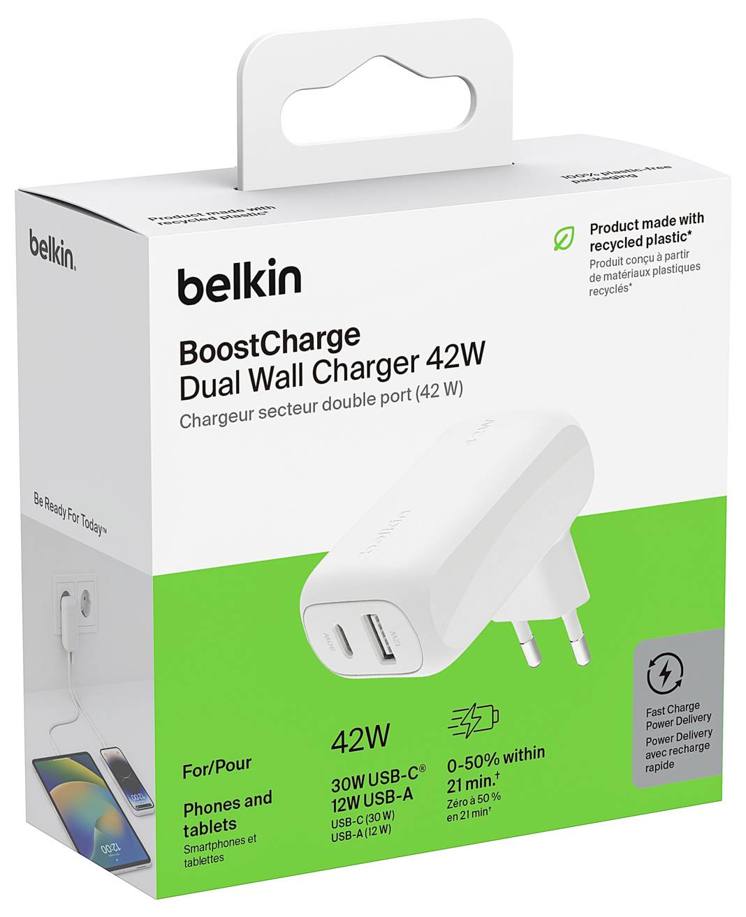 Chargeur mural double Belkin BoostCharge 42W montrant un chargeur USB-C double port blanc, charge rapide pour téléphones et tablettes, avec emballage en plastique recyclé.