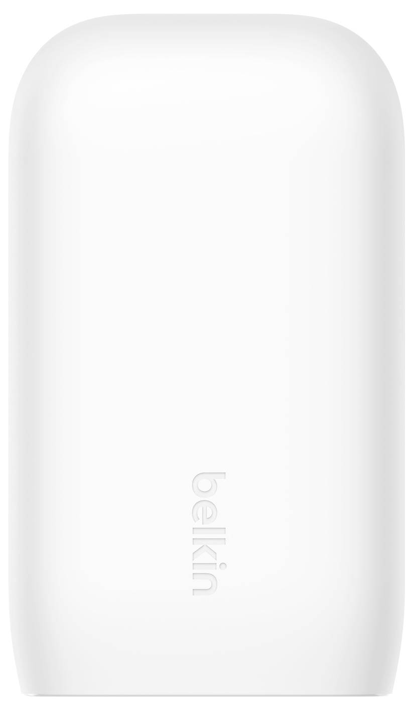 Appareil portable Belkin blanc ou chargeur présenté en vue de face avec le logo Belkin en relief subtil.