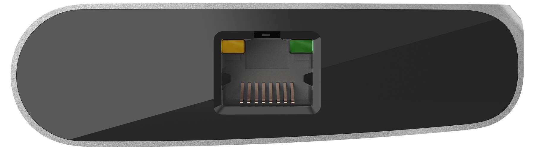 Gros plan d'un port Ethernet avec huit contacts en cuivre à l'intérieur d'une plaque murale noire ou d'un panneau d'appareil.