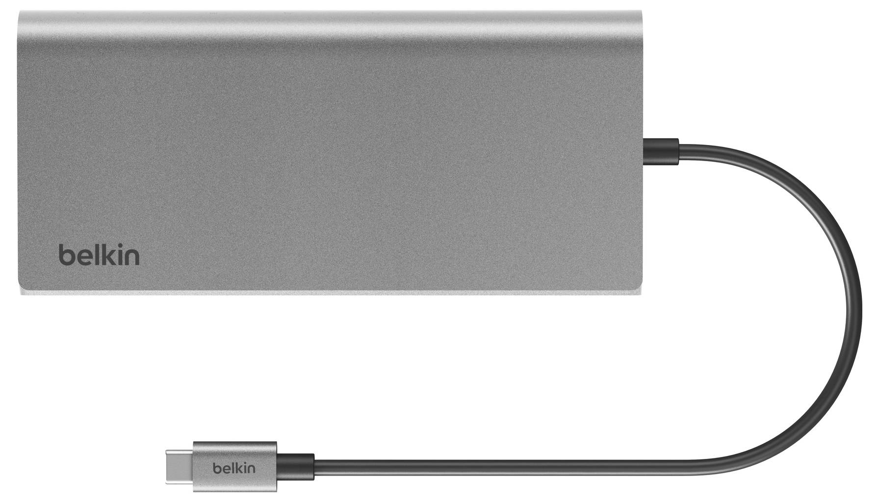 Hub USB-C argenté Belkin avec câble intégré et connecteur USB-C sur fond blanc.