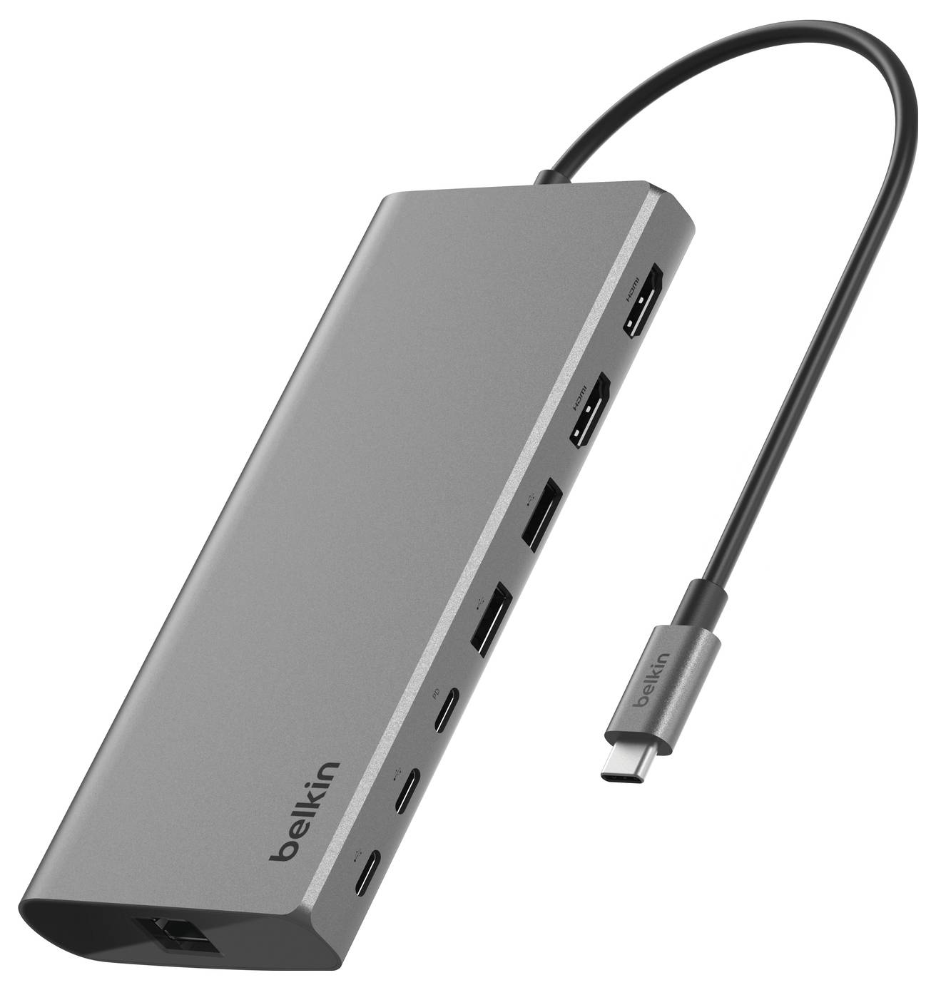 Hub USB-C Belkin avec plusieurs ports USB-A et USB-C et câble USB-C intégré.
