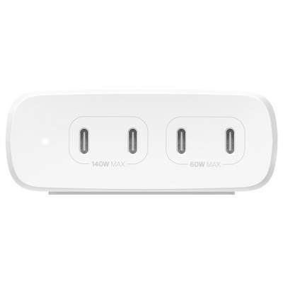 Chargeur mural double USB-C blanc avec deux ports étiquetés « 140 W MAX » et « 60 W MAX ».
