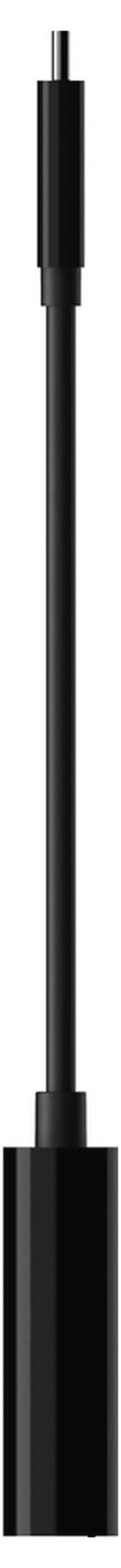 Câble USB noir avec connecteur cylindrique, présenté verticalement sur fond blanc.