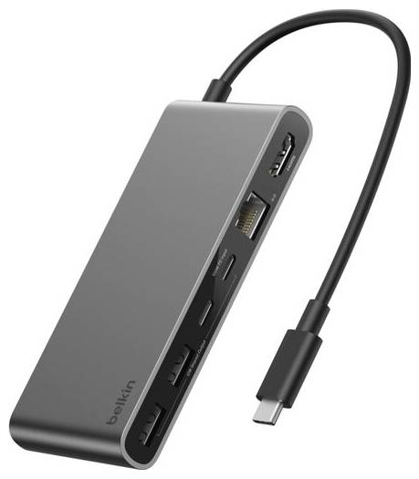 Concentrateur USB-C Belkin gris avec câble attaché, affichant plusieurs ports notamment USB, Ethernet et fentes pour cartes.