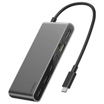 Concentrateur USB-C Belkin gris avec câble attaché, affichant plusieurs ports notamment USB, Ethernet et fentes pour cartes.