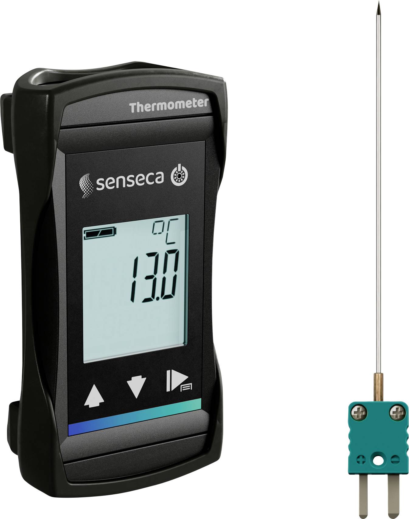 Affichage de thermomètre numérique affichant 13,0°C, avec un capteur de sonde connecté par un long câble