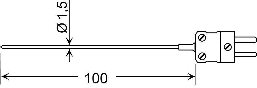 Dessin technique d'une sonde avec un arbre long et un connecteur à deux broches ; la longueur de l'arbre est indiquée 100 et le diamètre est indiqué 1,5
