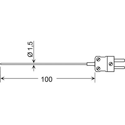 Dessin technique d'une sonde avec un arbre long et un connecteur à deux broches ; la longueur de l'arbre est indiquée 100 et le diamètre est indiqué 1,5
