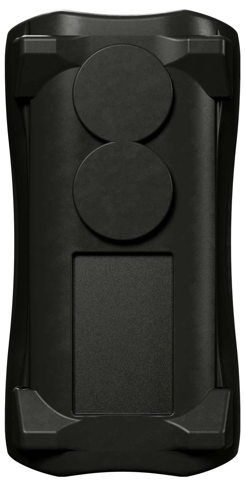 Étui de téléphone robuste noir avec deux coussinets de préhension circulaires surélevés et une découpe rectangulaire à l'arrière, présenté sur un fond blanc