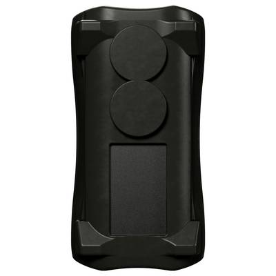 Étui de téléphone robuste noir avec deux coussinets de préhension circulaires surélevés et une découpe rectangulaire à l'arrière, présenté sur un fond blanc