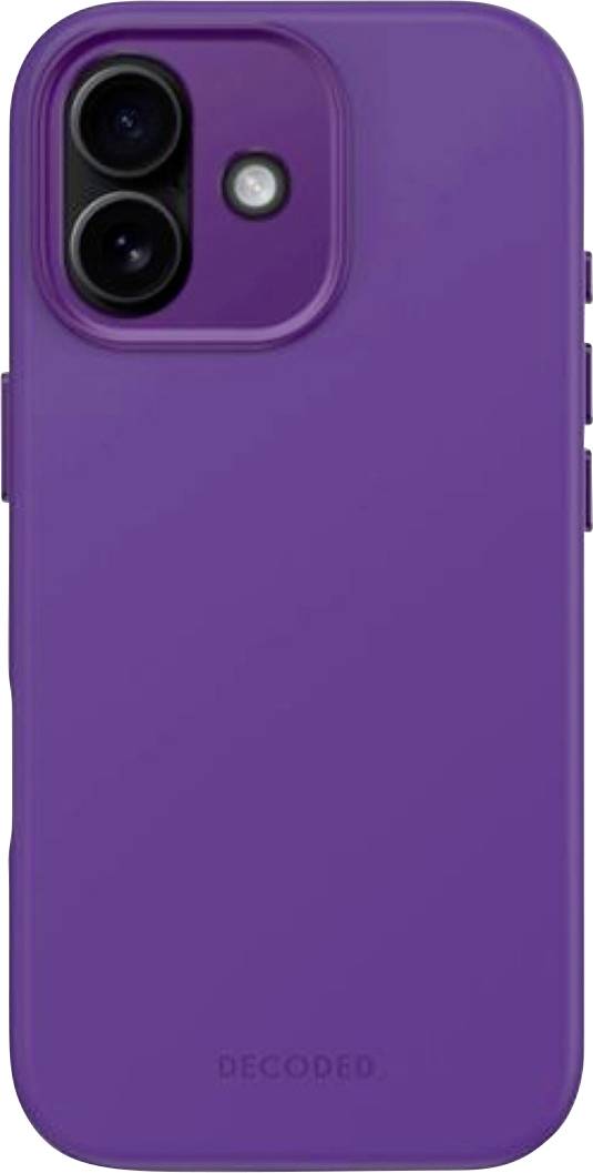 Étui de smartphone violet avec découpe surélevée pour l'appareil photo et ouverture à double objectif, présenté en vue de face sur un fond blanc.