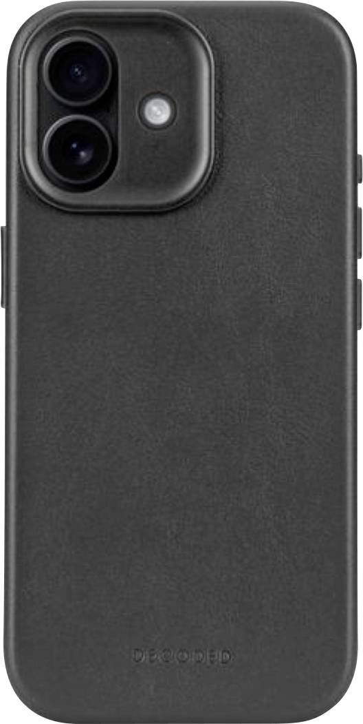 Étui de style iPhone gris foncé avec découpe carrée surélevée pour l'appareil photo, double objectif arrière et ouverture pour le flash.