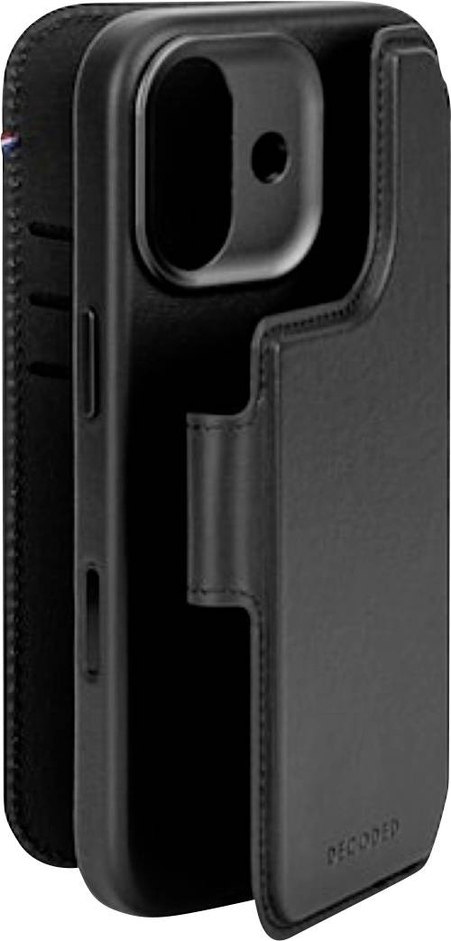 Étui ou holster pour smartphone noir avec découpe pour appareil photo, présenté fermé sur fond blanc.