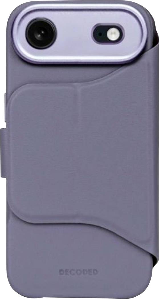 Étui pour smartphone violet avec découpe surélevée pour l'appareil photo et rabat avant pliable, présenté fermé.