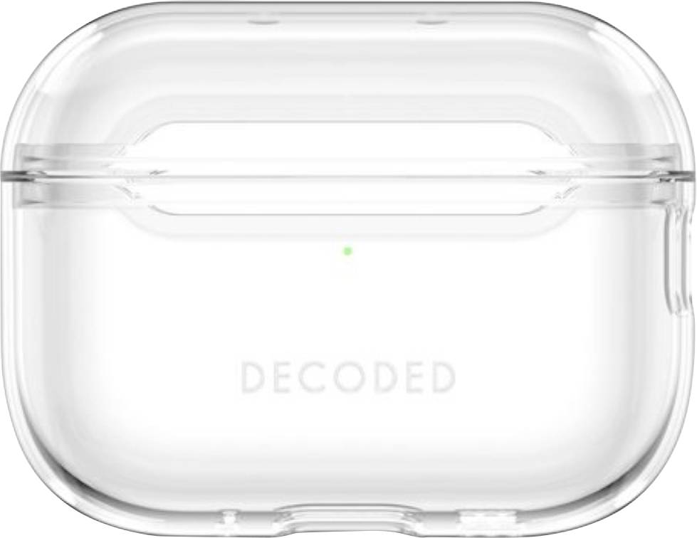 Boîtier de charge protecteur transparent avec voyant indicateur vert à l'avant et marquage discret « DECODED ».