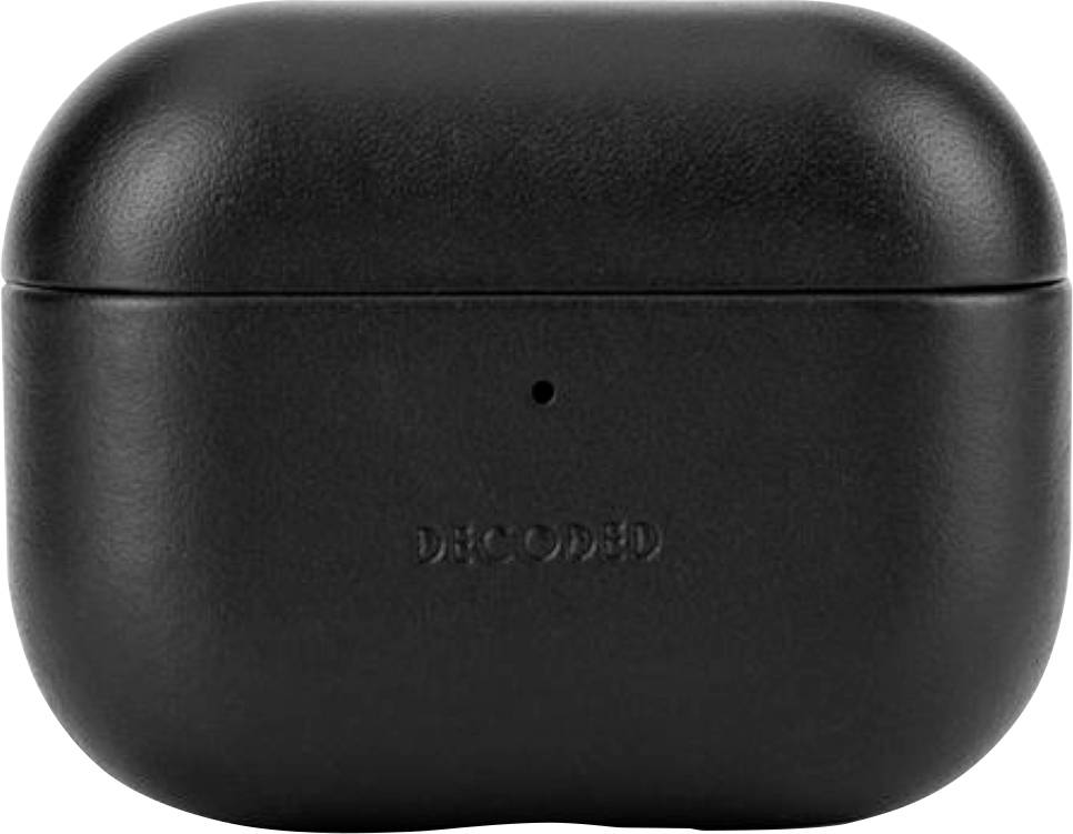 Boîtier de charge pour écouteurs sans fil noirs avec un petit voyant LED avant et le logo « DECODED » en relief.
