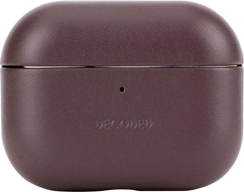 Étui de rangement de style AirPods en cuir marron avec petit voyant LED frontal et logo en relief.