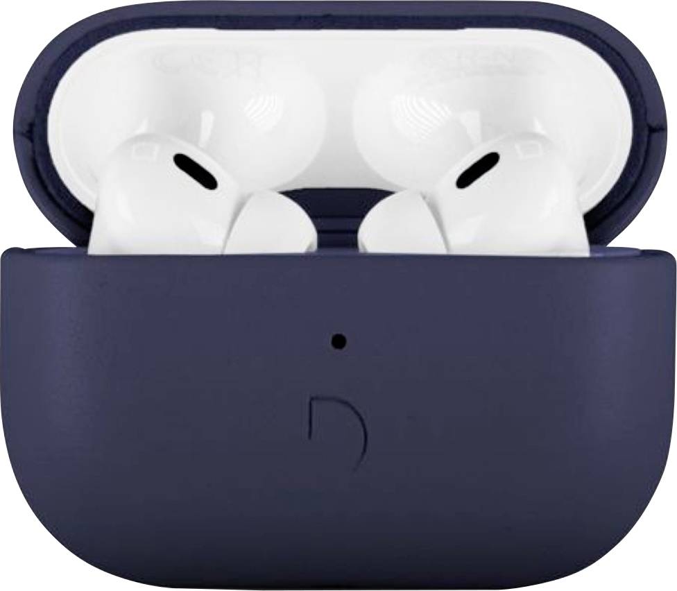 Étui de rangement ouvert bleu marine avec des écouteurs sans fil blancs à l'intérieur, montré en vue de face.