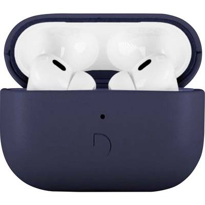 Étui de rangement ouvert bleu marine avec des écouteurs sans fil blancs à l'intérieur, montré en vue de face.