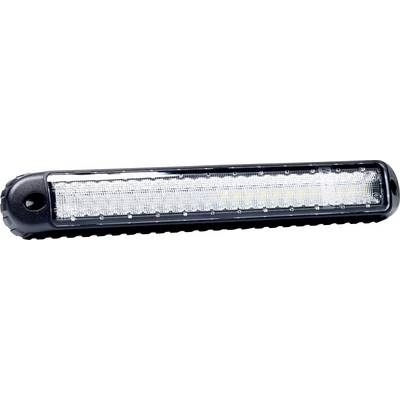 Barre lumineuse LED noire avec lentille transparente et trous de montage aux deux extrémités, présentée sur fond blanc.