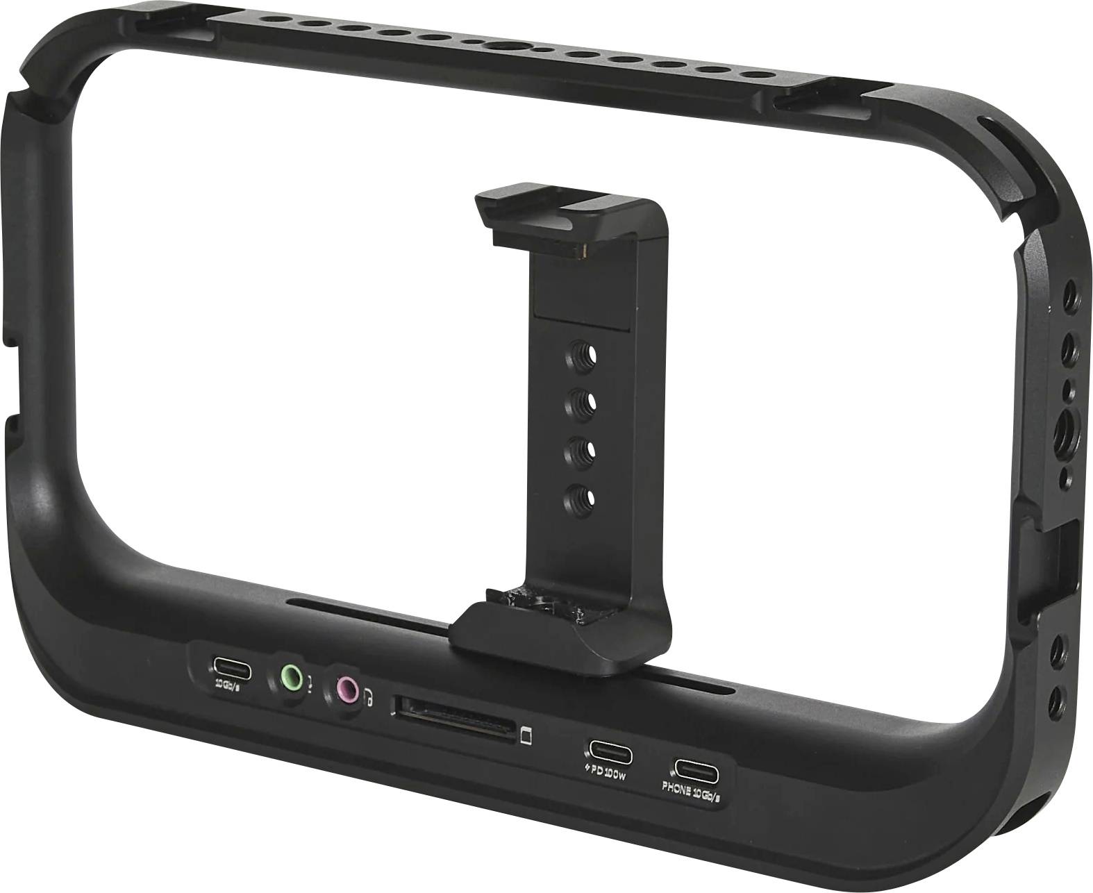 Cadre de cage de caméra en métal noir avec un support central pour smartphone et plusieurs ports/ouvertures le long du bas et des côtés.