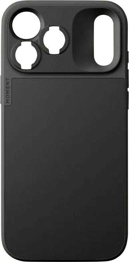 Étui de smartphone noir avec de grandes découpes pour la caméra et un panneau de prise texturé au dos.