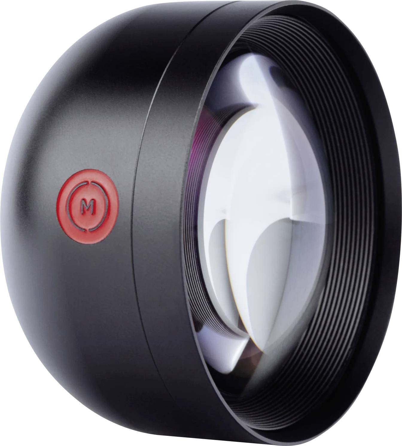 Accessoire de lentille de caméra cylindrique noir avec un bouton rouge « M » sur le côté, présenté sur fond blanc.
