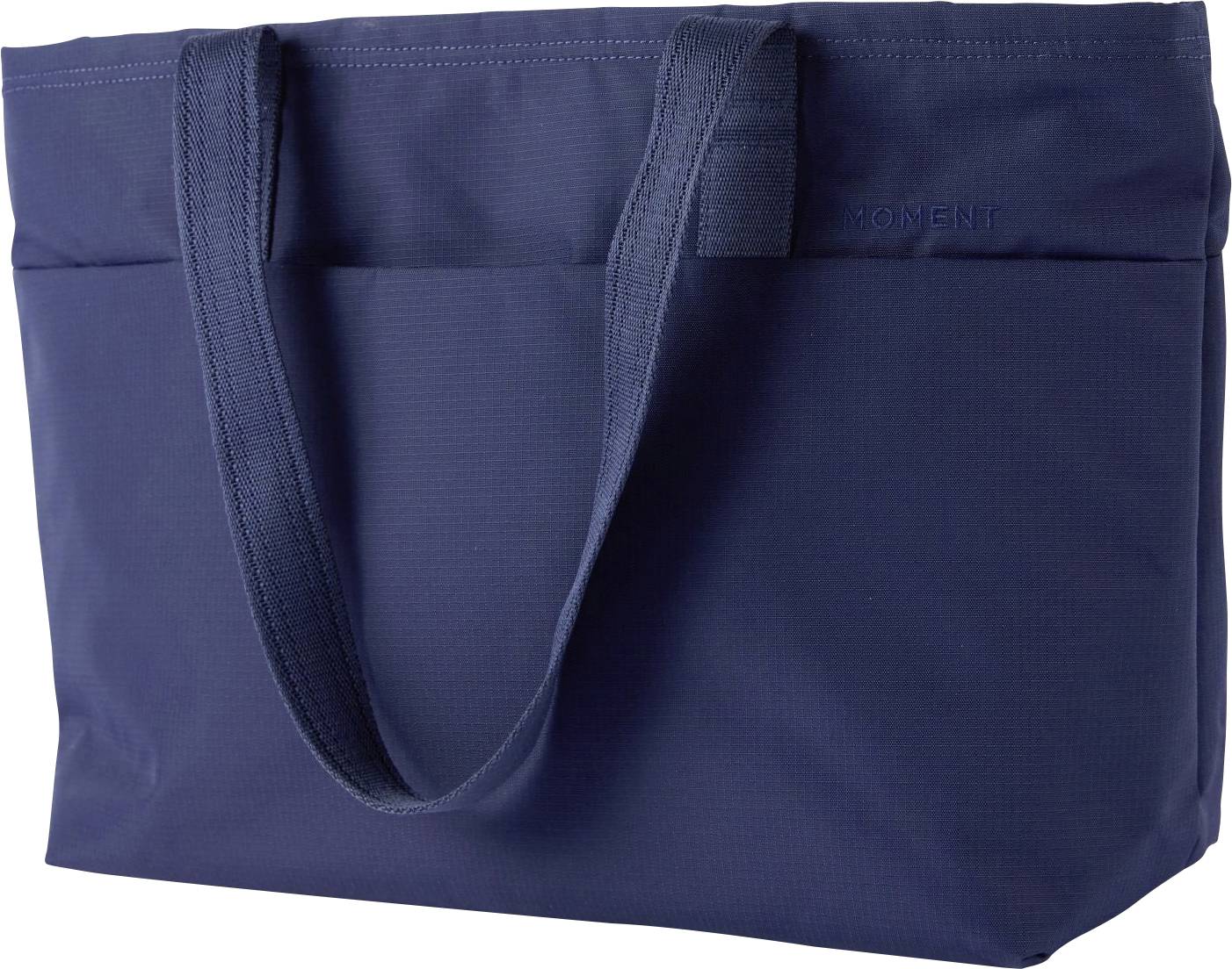 Sac fourre-tout bleu foncé avec longues poignées montré sur fond blanc.