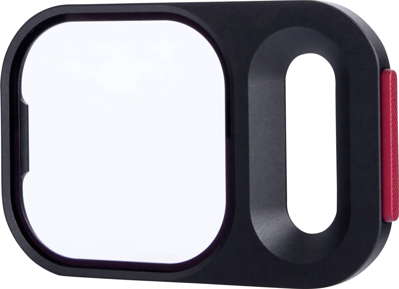 Protecteur d'objectif de caméra rectangulaire noir ou accessoire de étui de téléphone avec une grande découpe carrée et un détail de côté rouge sur fond blanc