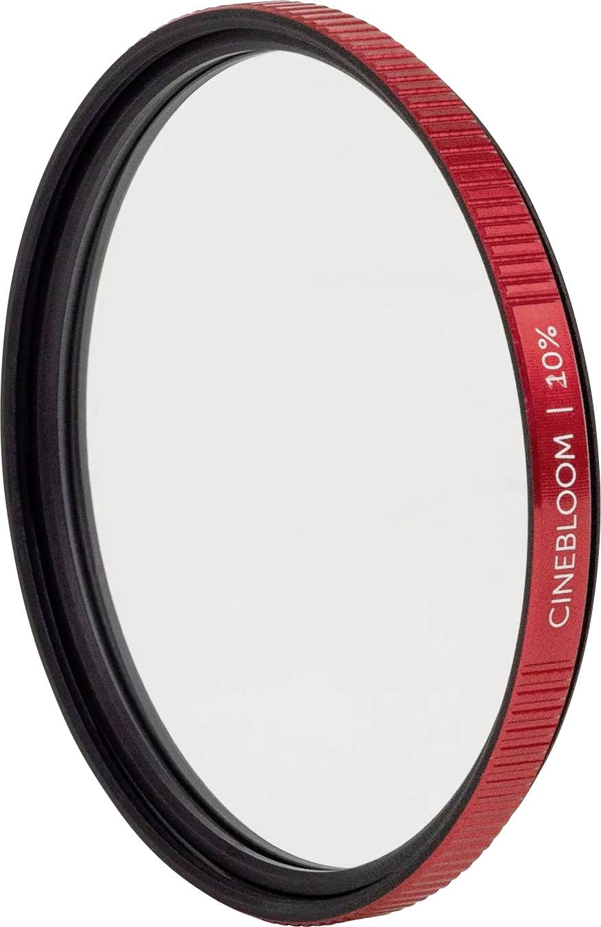 Filtre d'objectif de caméra circulaire rouge étiqueté « CINEBLOOM 10% » sur fond blanc