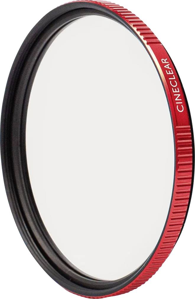 Un filtre circulaire pour objectif photographique avec un rebord strié rouge étiqueté « CINECLEAR » sur fond blanc.