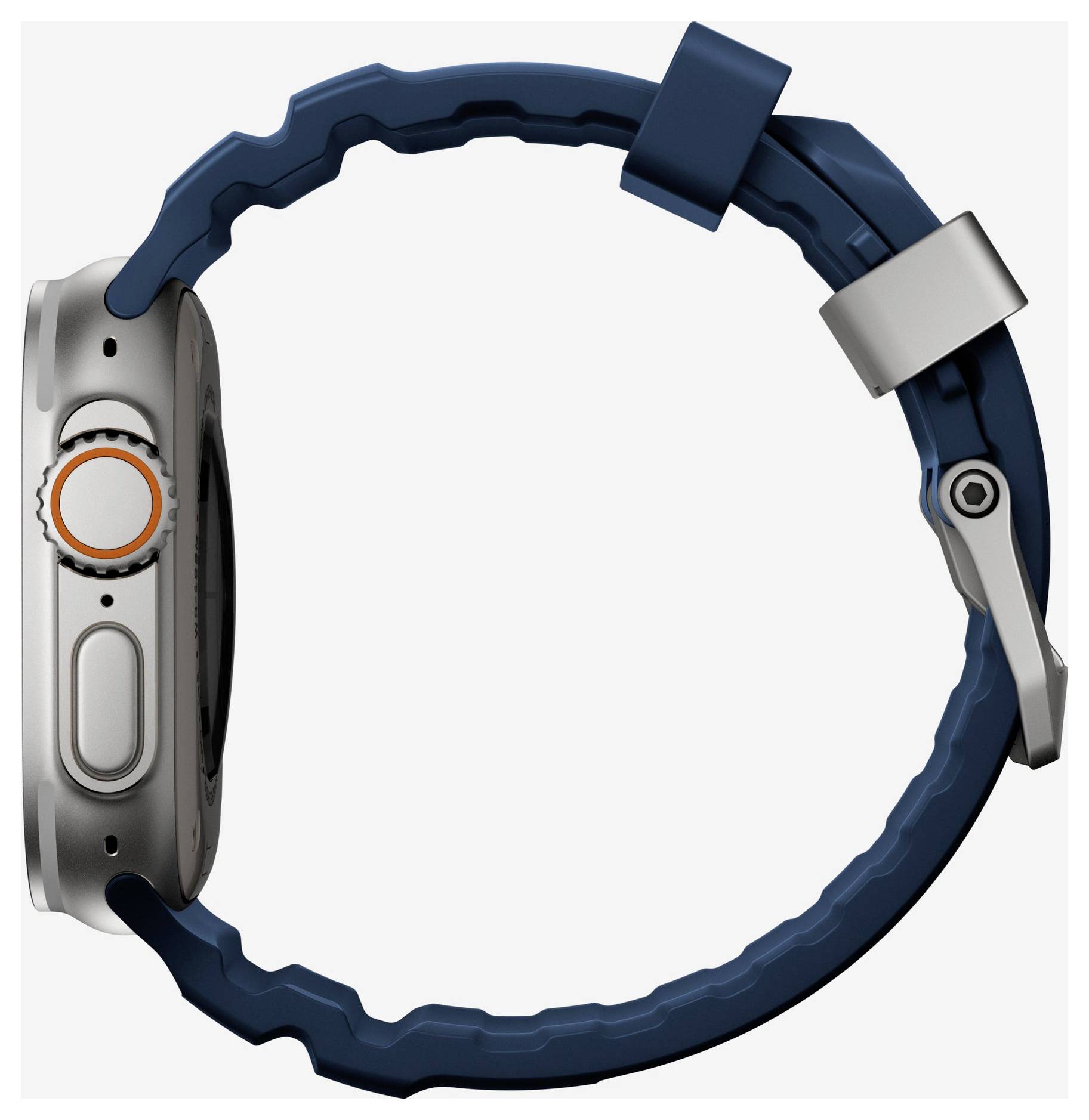 Vue latérale d'une montre intelligente bleu marine avec boîtier argenté et couronne numérique sur un fond blanc uni.