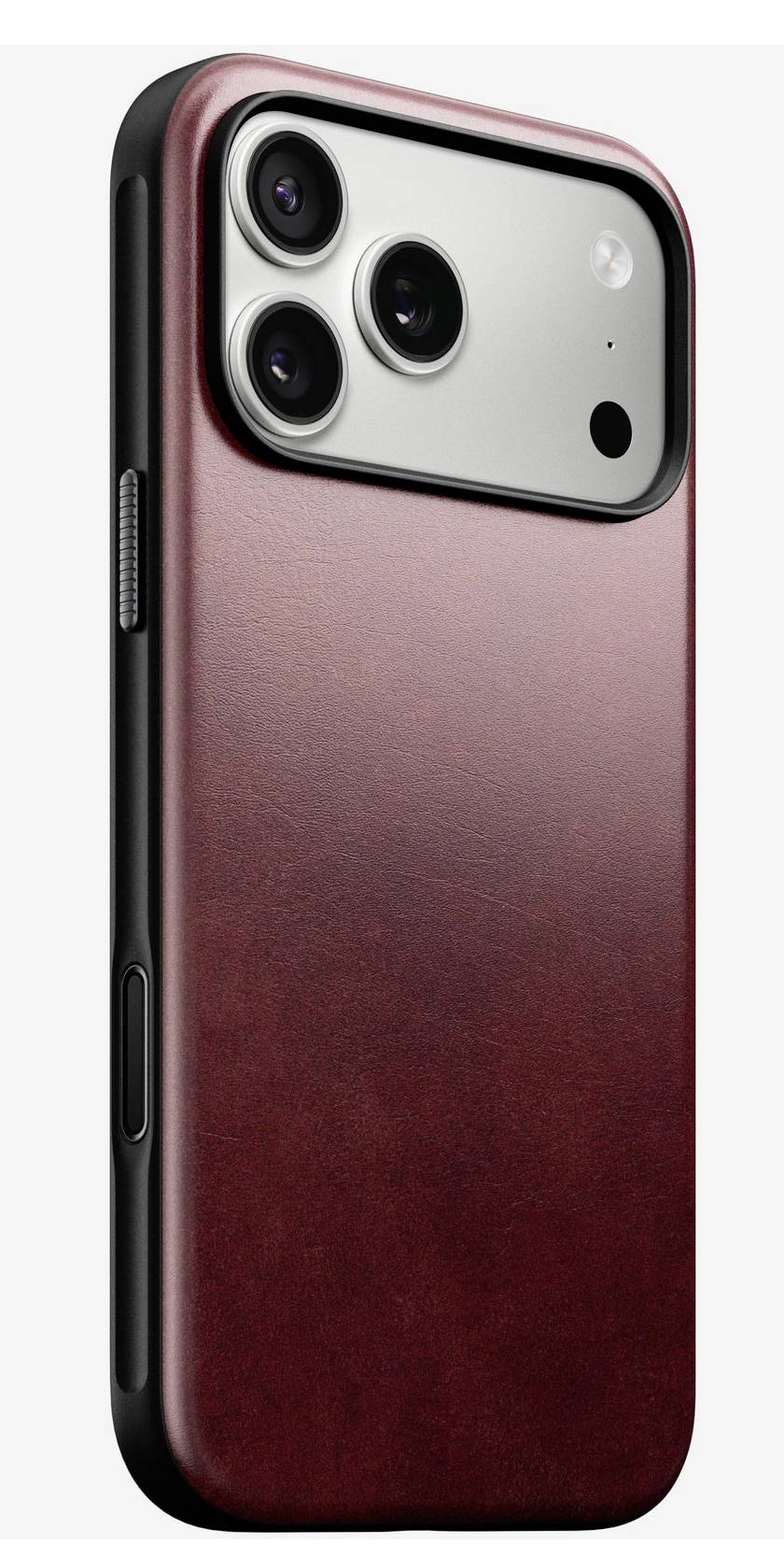 Gros plan d'un téléphone mobile vue de dos en dégradé rouge, montrant un module caméra à triple objectif et des boutons latéraux.