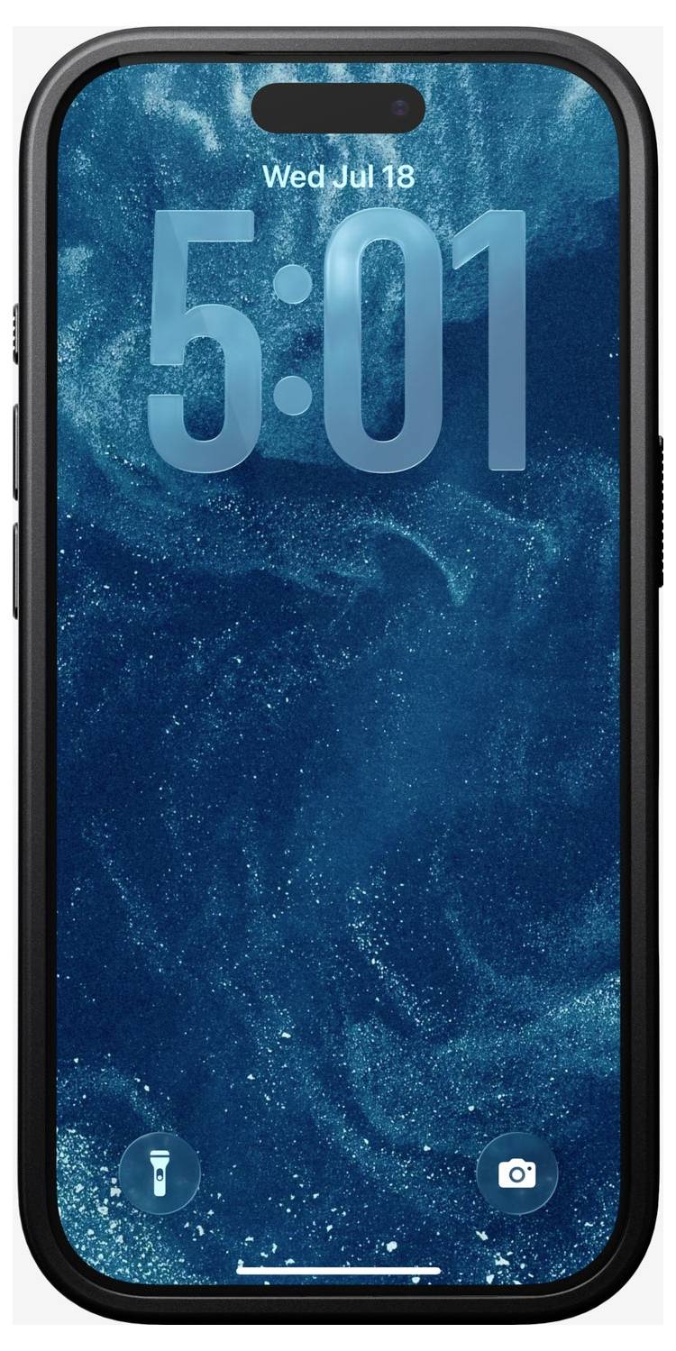 Un écran de verrouillage de smartphone avec un fond d'écran bleu ressemblant à l'océan affichant l'heure 5:01 et la date Mer 18 juil.