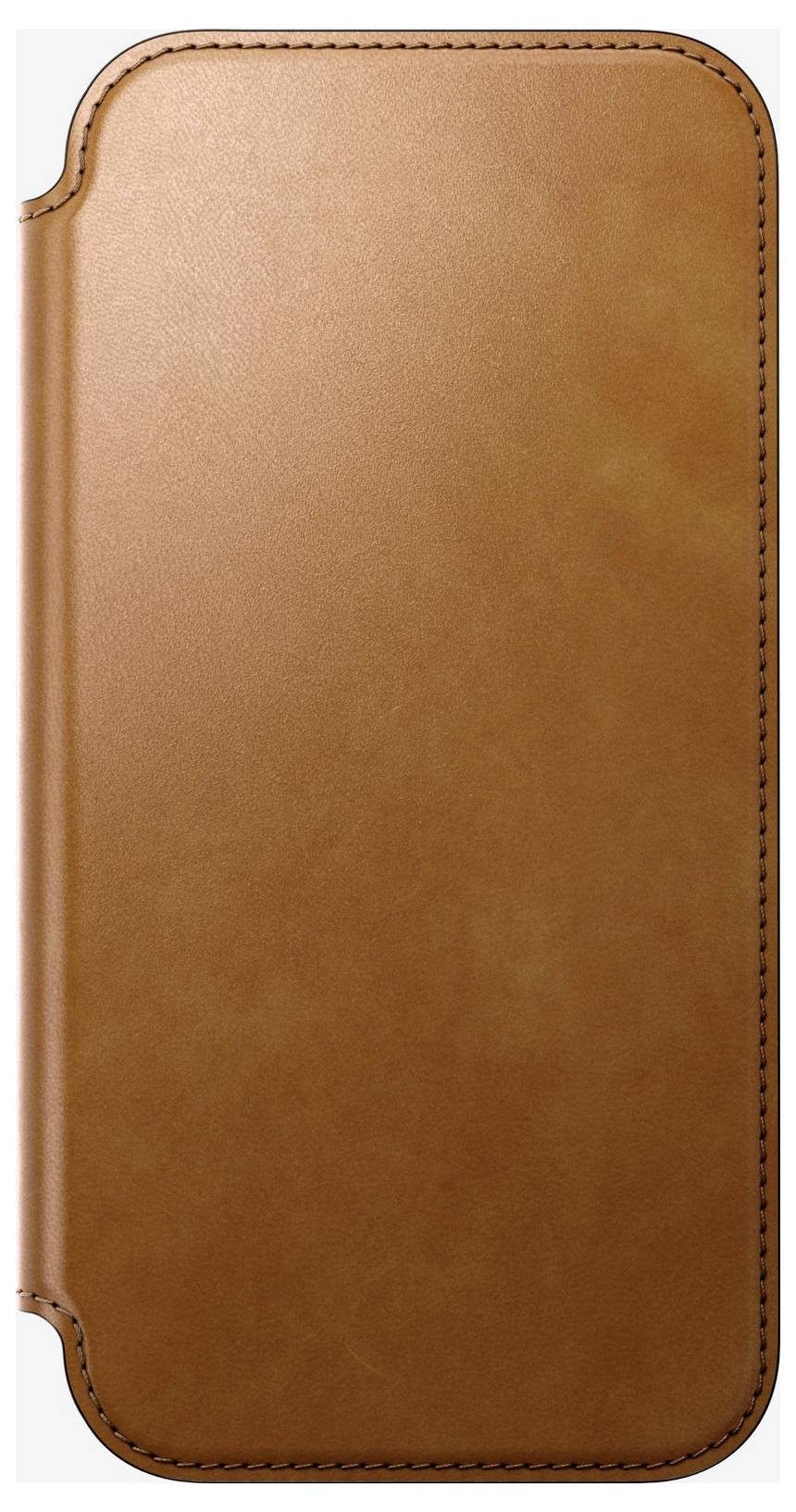 Étui en cuir brun pour tablette ou liseuse présenté en vue de face, avec coins arrondis et bords cousus