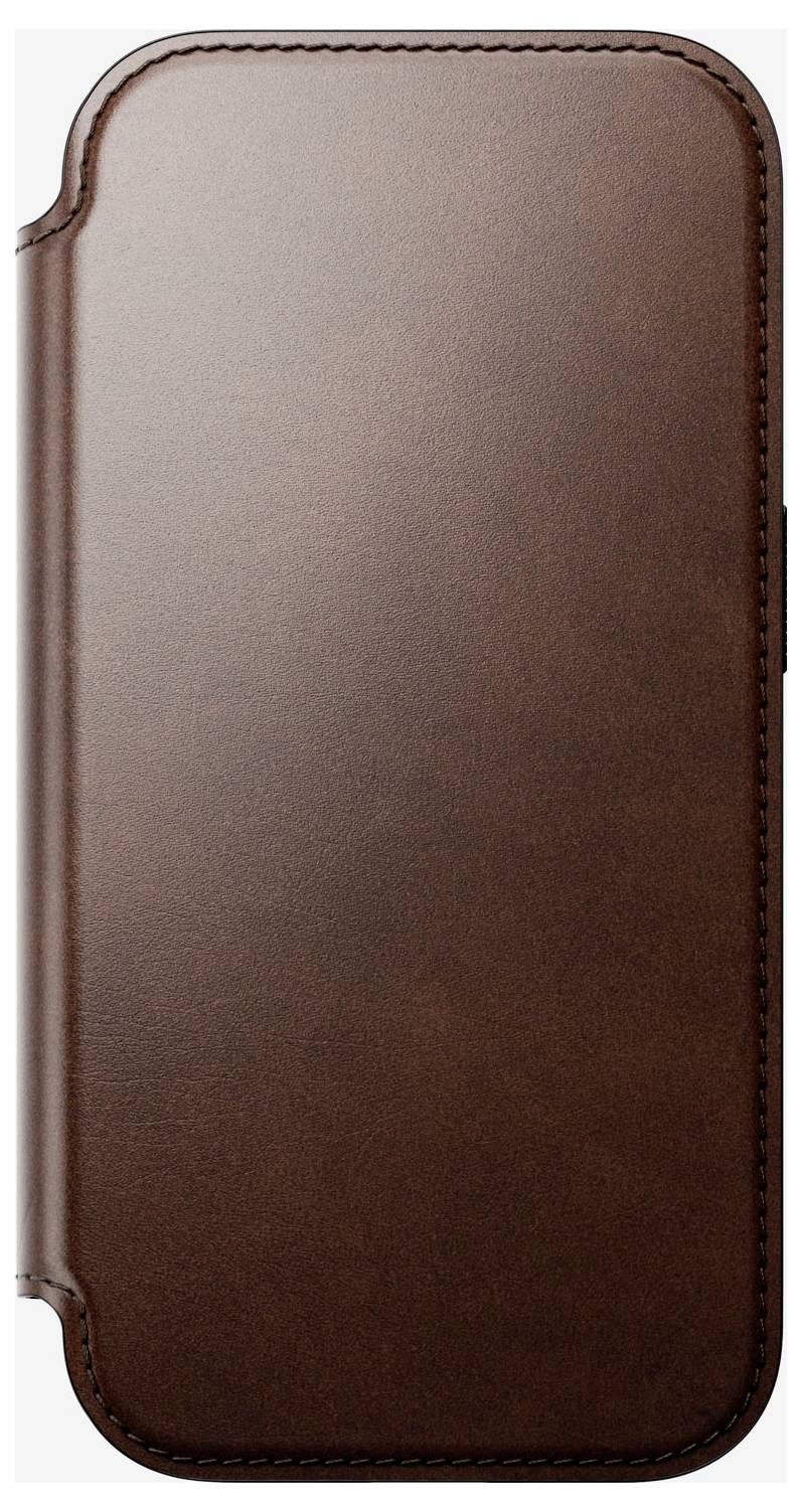 Étui de téléphone en cuir brun avec coins arrondis et bords cousus, montré en vue de face sur un fond uni.