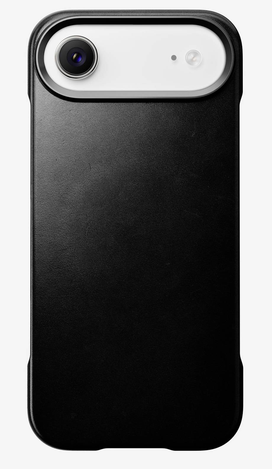 Étui de smartphone noir avec découpe intégrée pour la zone de l'appareil photo sur un fond blanc.