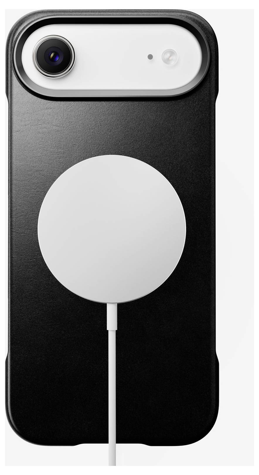Étui pour smartphone noir avec un bloc de charge blanc intégré de style MagSafe et câble attaché, présenté de l'arrière.