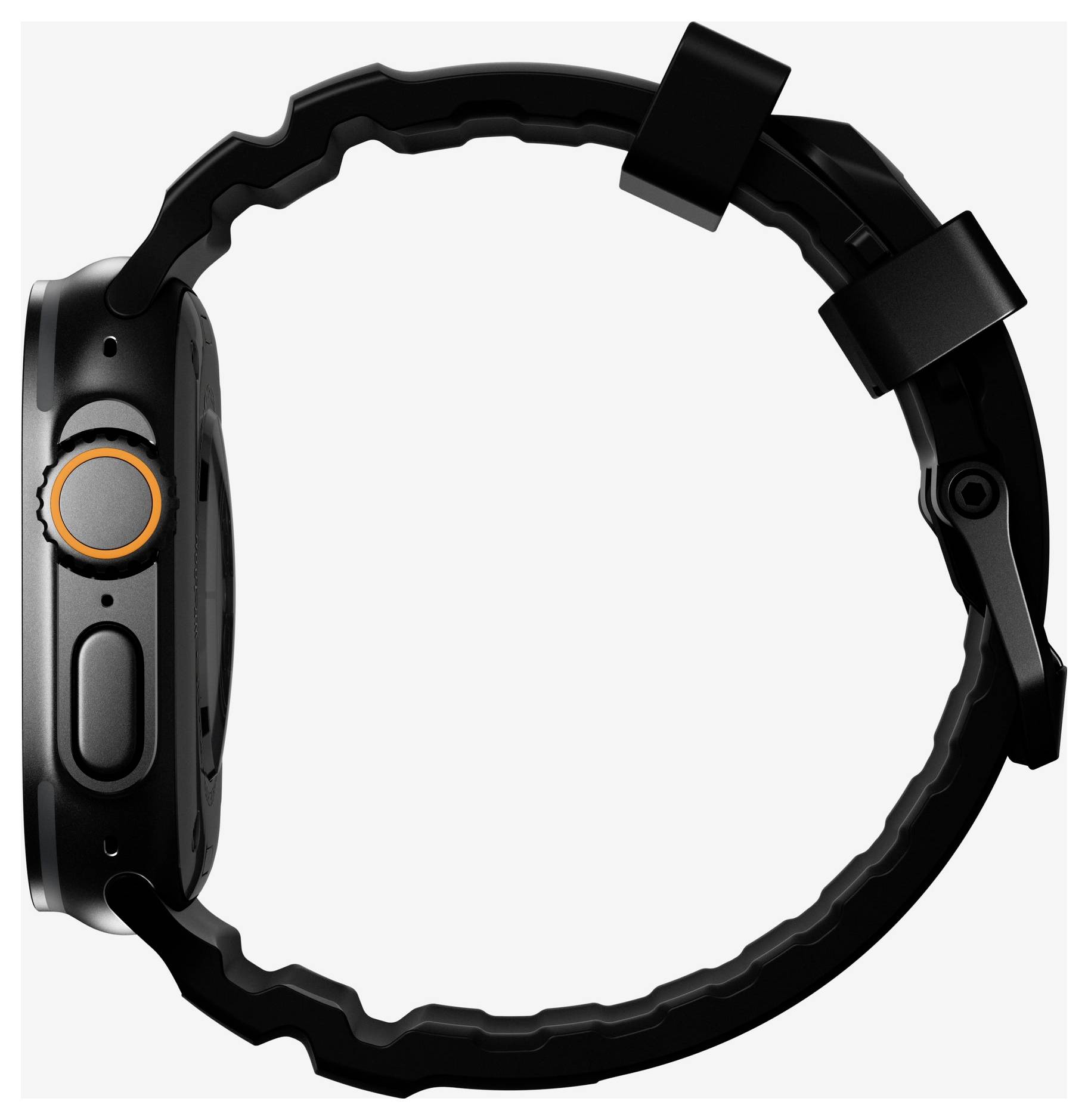 Montre intelligente noire présentée en vue de profil avec un cadran rond et un bracelet en caoutchouc texturé sur un fond blanc.