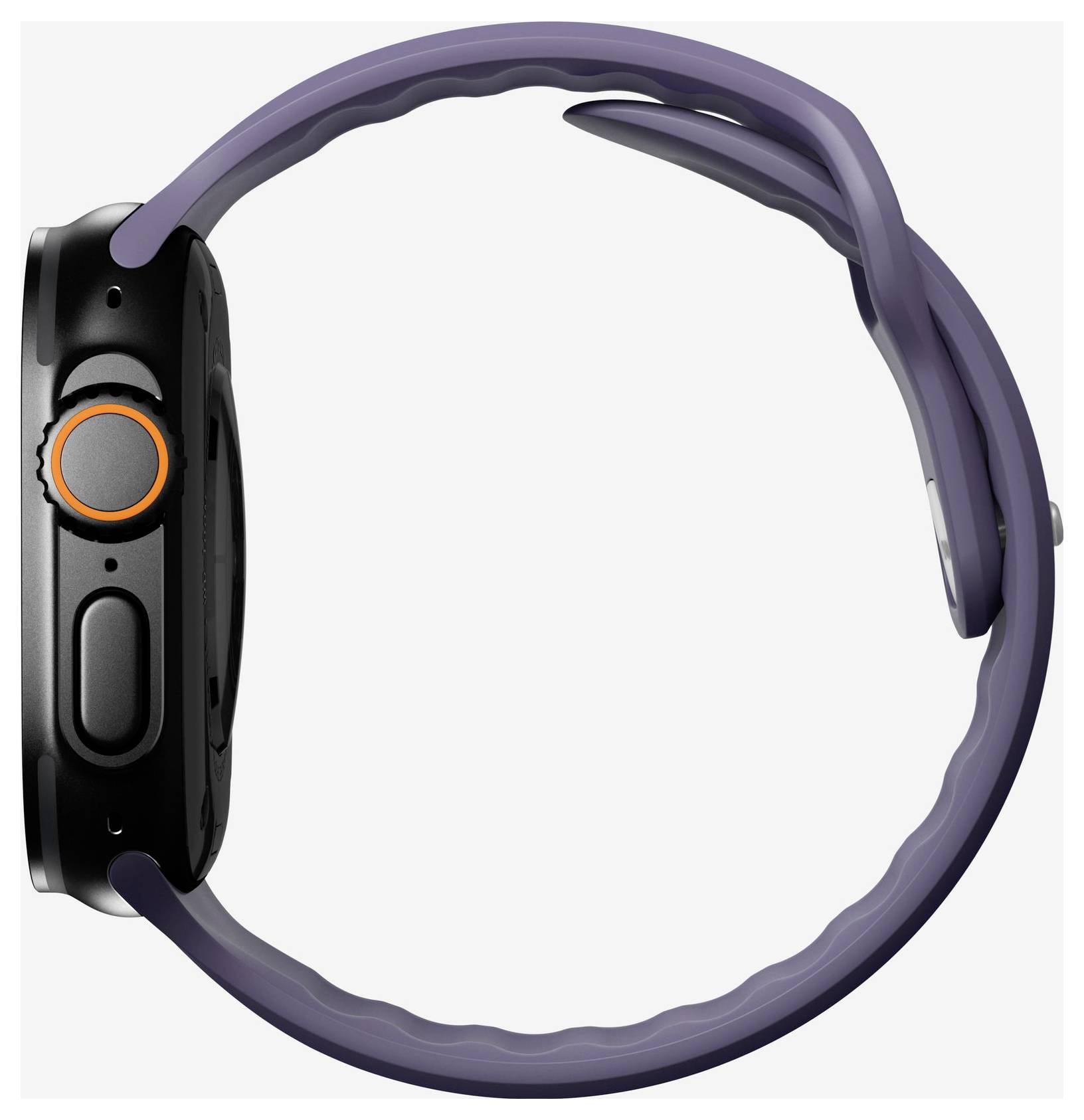 Vue latérale d'une montre intelligente noire avec un bracelet violet, montrant un bouton latéral cerclé d'orange sur un fond clair uni.