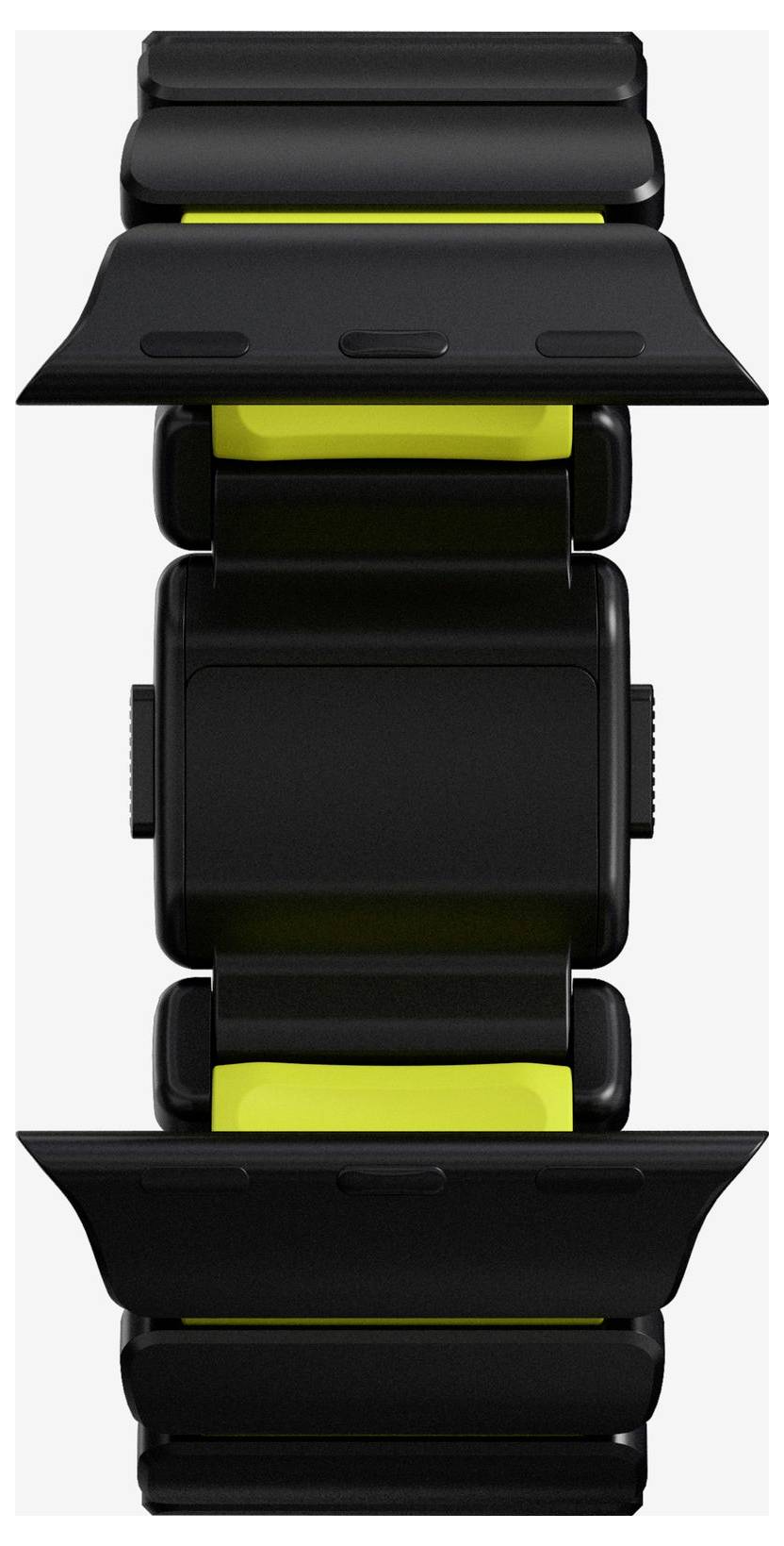 Vue de face d'un bracelet ou d'une bande de montre intelligente noire avec des accents intérieurs jaune vif et une large section en forme de fermoir au centre.