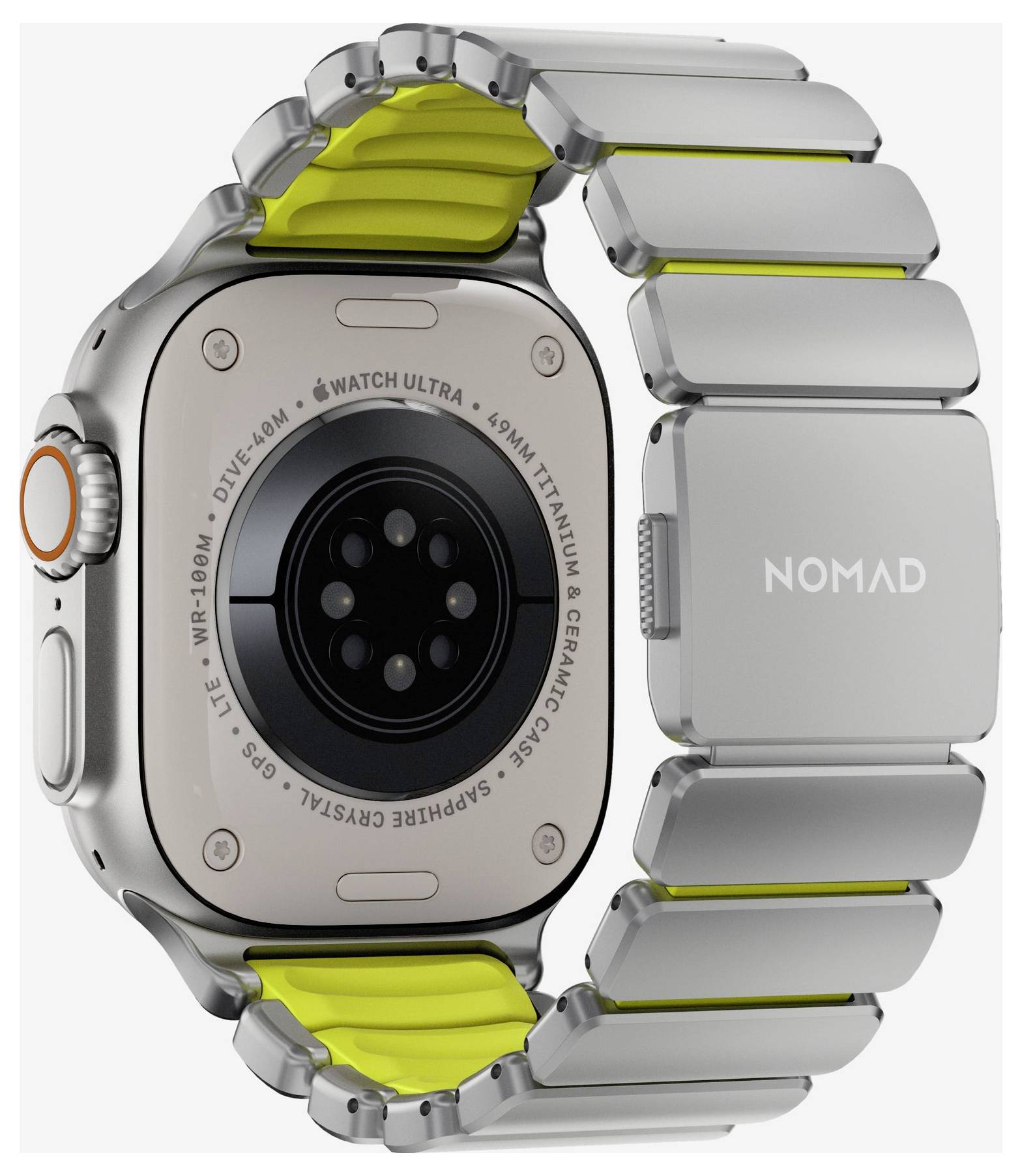 Vue arrière d'une Apple Watch Ultra dans un bracelet en métal argenté, montrant le capteur circulaire à l'arrière et « NOMAD » gravé sur le bracelet.
