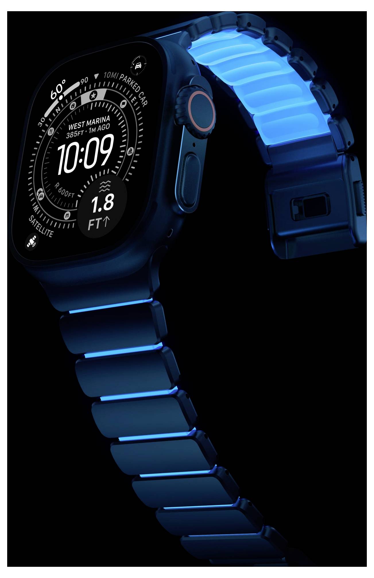 Montre intelligente noire avec bracelet bleu luminescent sur un fond sombre, affichant un écran numérique circulaire avec l'heure et les informations de remise en forme/navigation.