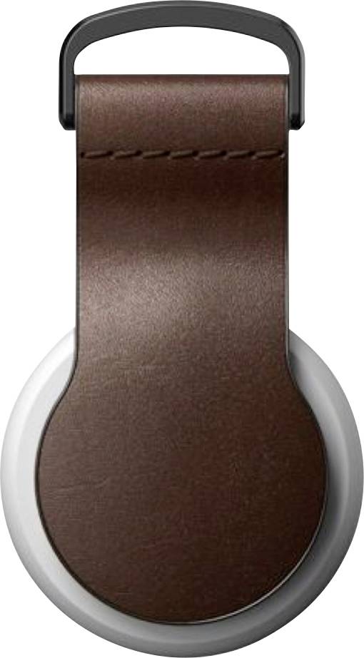Porte-clés en cuir marron avec une boucle noire et un pendentif rond en métal argenté
